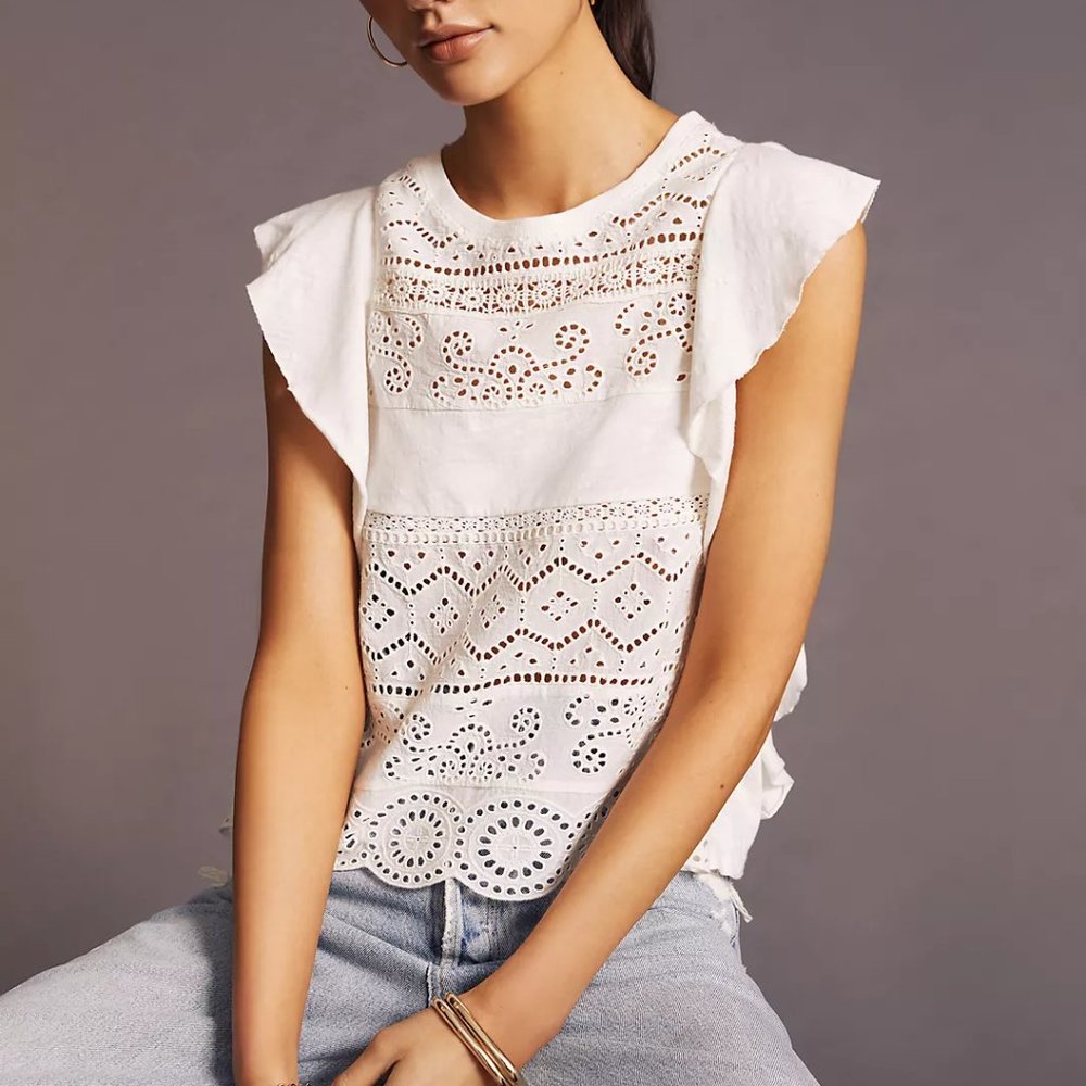 White Eyelet T-Shirt from Anthropologie • Small • Dress up or down • New